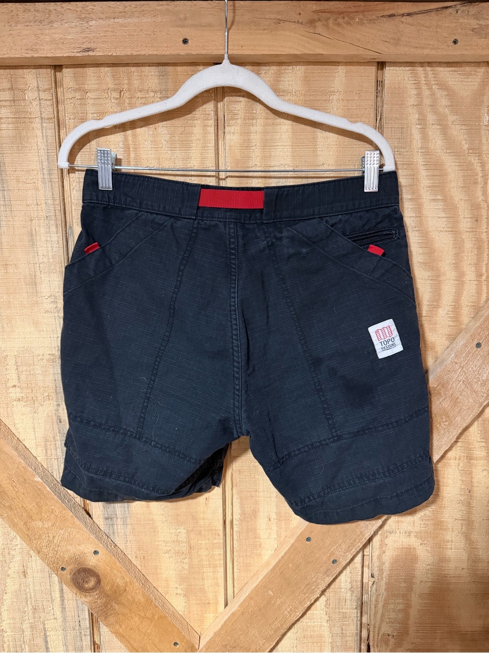 Topo Designs Black Athletic Shorts with Red Webbing Belt - Picture 2 of 3